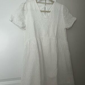 White eyelet Mini A-line Dress with Puff Sleeves and V-neck